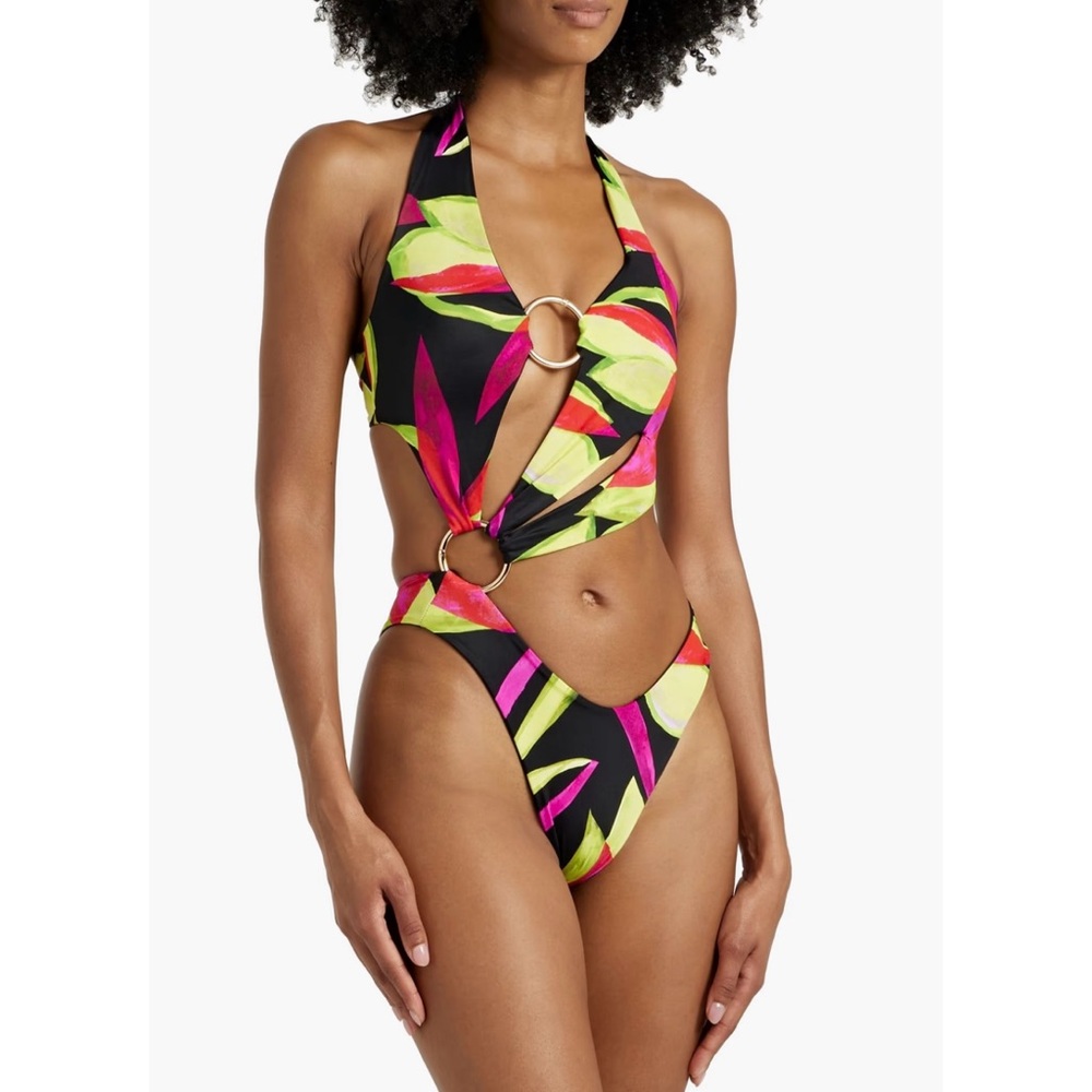 Louisa Ballou Black One-Piece Swimsuit with Neon Pink & Lime Leaf Print